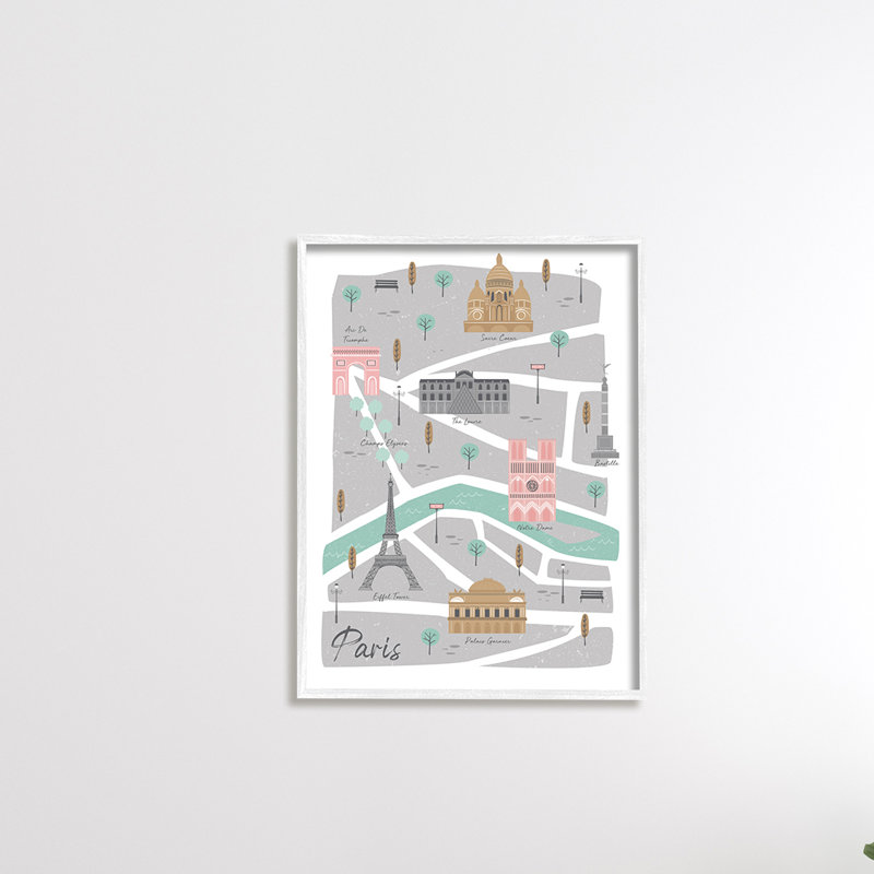 Carte de Paris, illustration de la ville française, gris-rose - impression, H 30 po x l 24 po x P 1,5 po