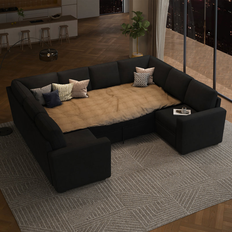 Canapé-lit modulaire convertible en forme de U Niyona, Velours noir