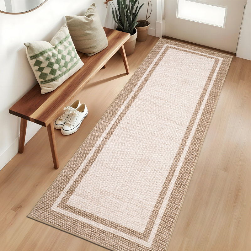 Modern Bordered Area Rug Washable Rug for Living Room, Neutral Minimalist Carpet, Soft Thin Low Pile Non Shedding Floor Covering, Indoor Foldable Non Slip Mat for Bedroom