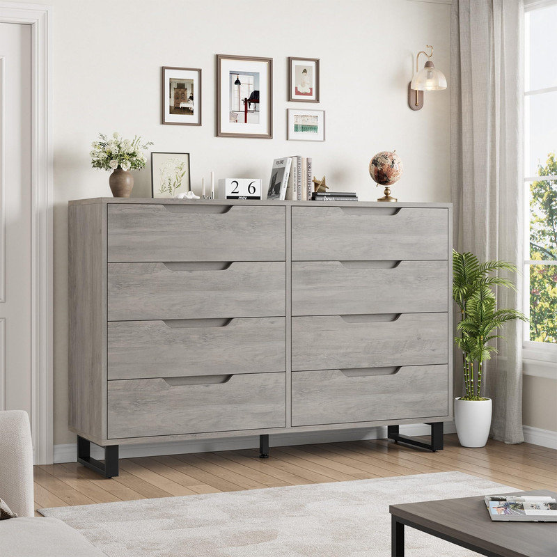 Modern 8-Drawer Storage System, 55-Inch Wide Ash Grey with Large Capacity Drawers, Horizontal Organizer for Living Room, Hallway or Home Office