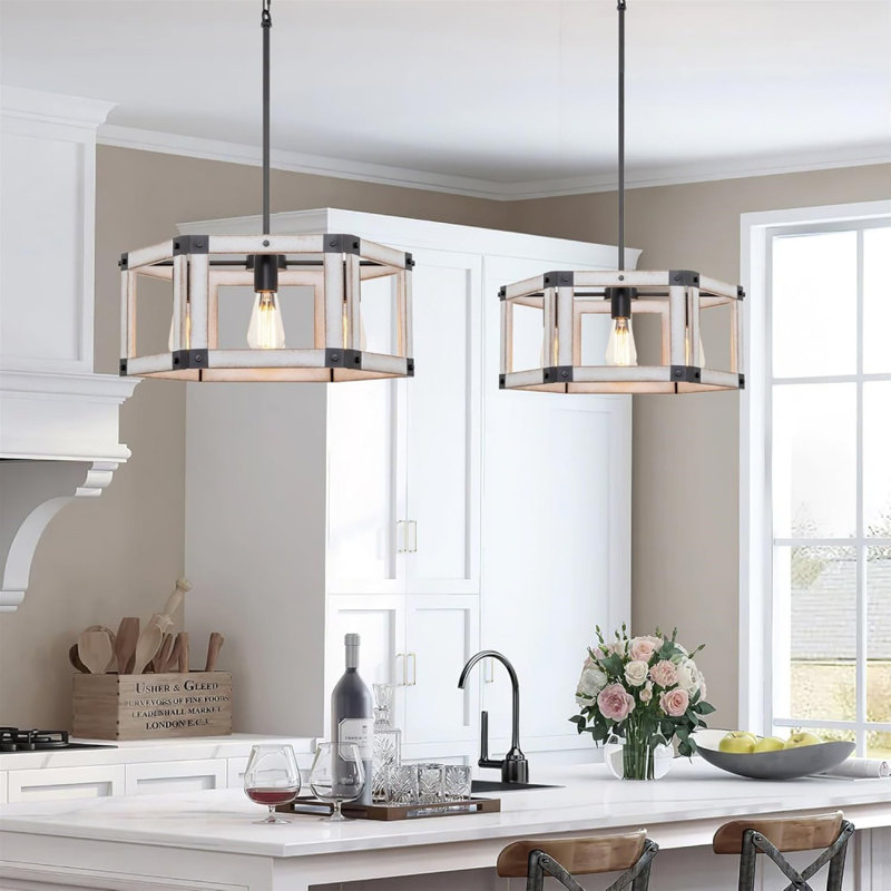 Lustre de style campagnard suspendu 20 lumières 20 po + design ouvert hexagonal, style bois de frêne blanc + finition noire