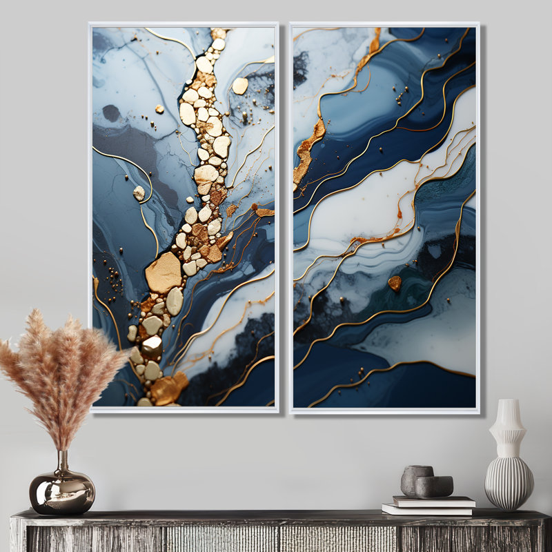 Bleu et or rivière de marbre II - décoration murale moderne, H 40 po x l 40 po, Impression encadrée flottante, Blanc
