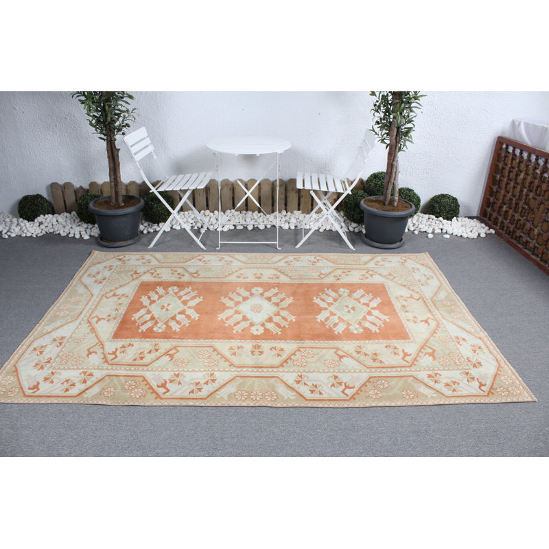 Grand tapis turc rétro Oushak beige - idéal pour les salons et les espaces de vie spacieux
