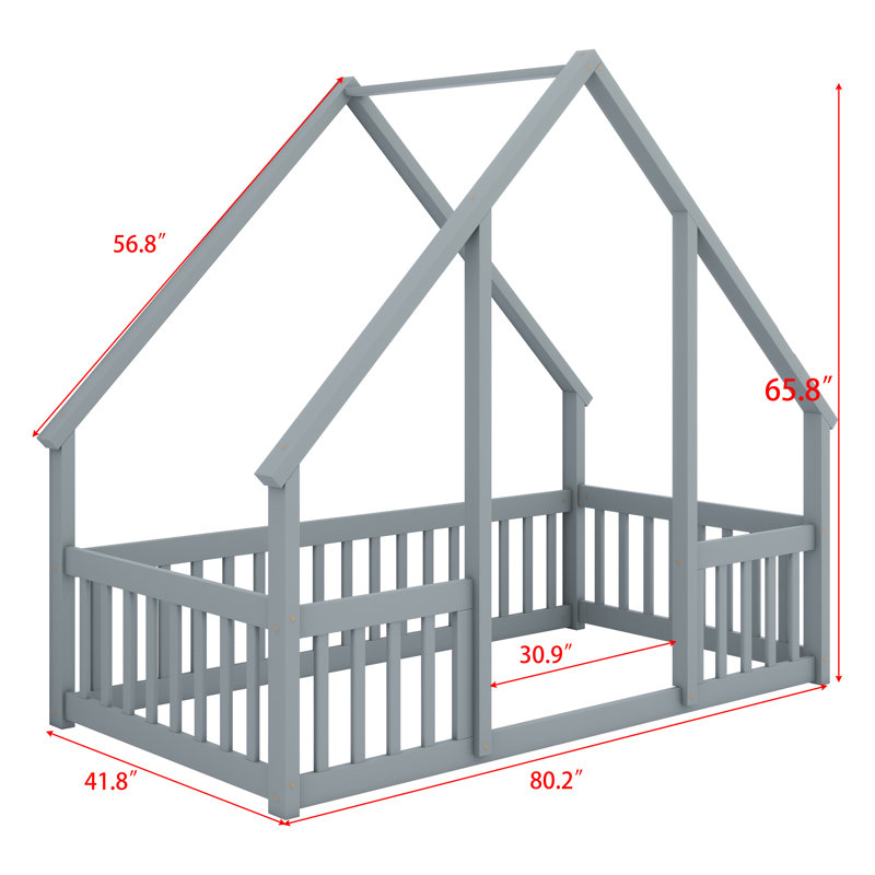 Lit de rêve pour maison d'enfant avec garde-corps en bois robuste, Gris