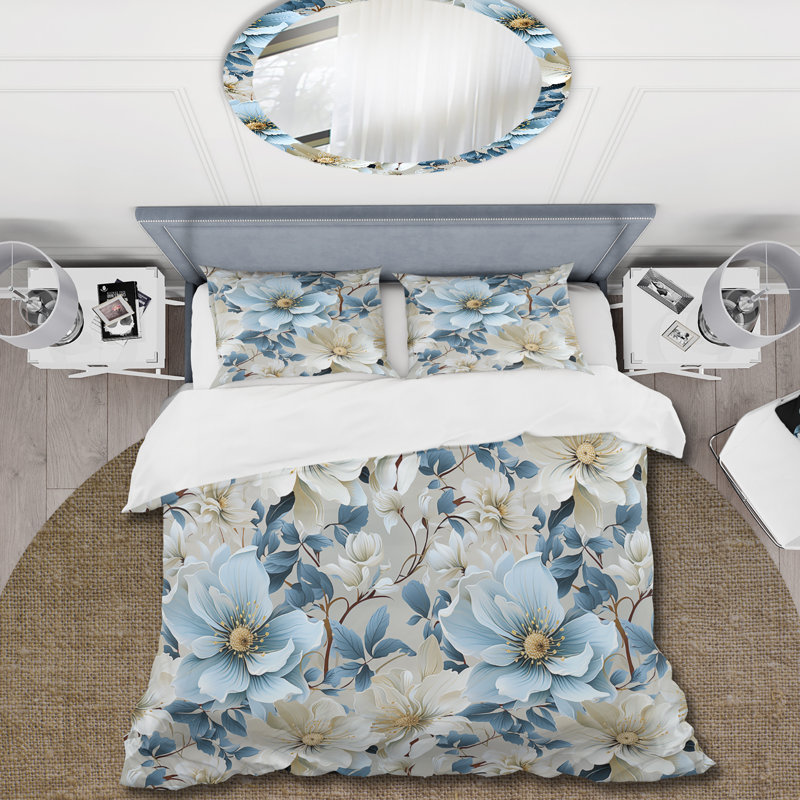 Ensemble de housse de couette à motif floral blanc et bleu I, Housse de couette pour grand lit et 2 taies décor