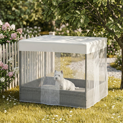 Pet resting enclosure featuring a curtain, crafted from seasonal PE wicker material, designed as outdoor furniture for patio use.
