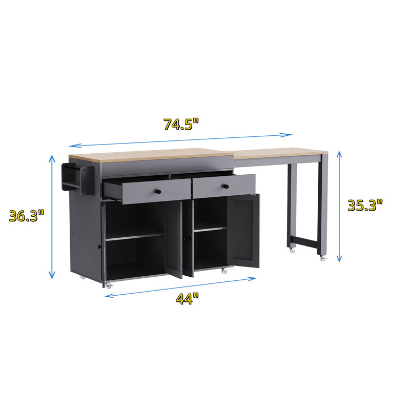 74.5-inch Kitchen Island With Extendable Dining Table, Gray