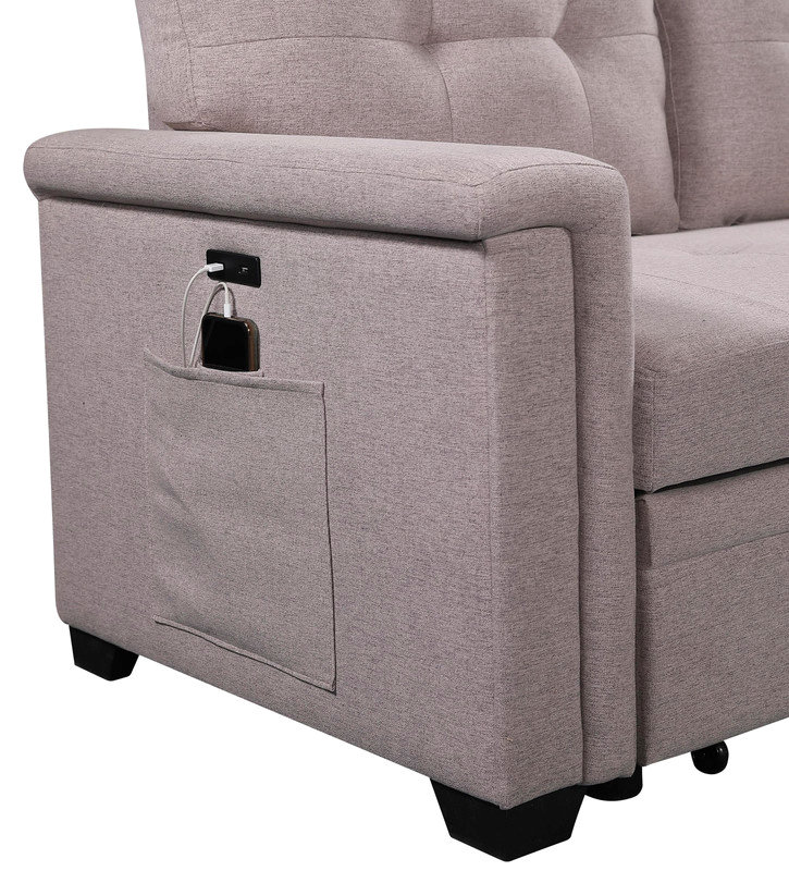 84"W Reversible Sleeper Sectional Sofa With Storage Chaise, Usb Charging Ports And Pocket, Light Gray Linen
