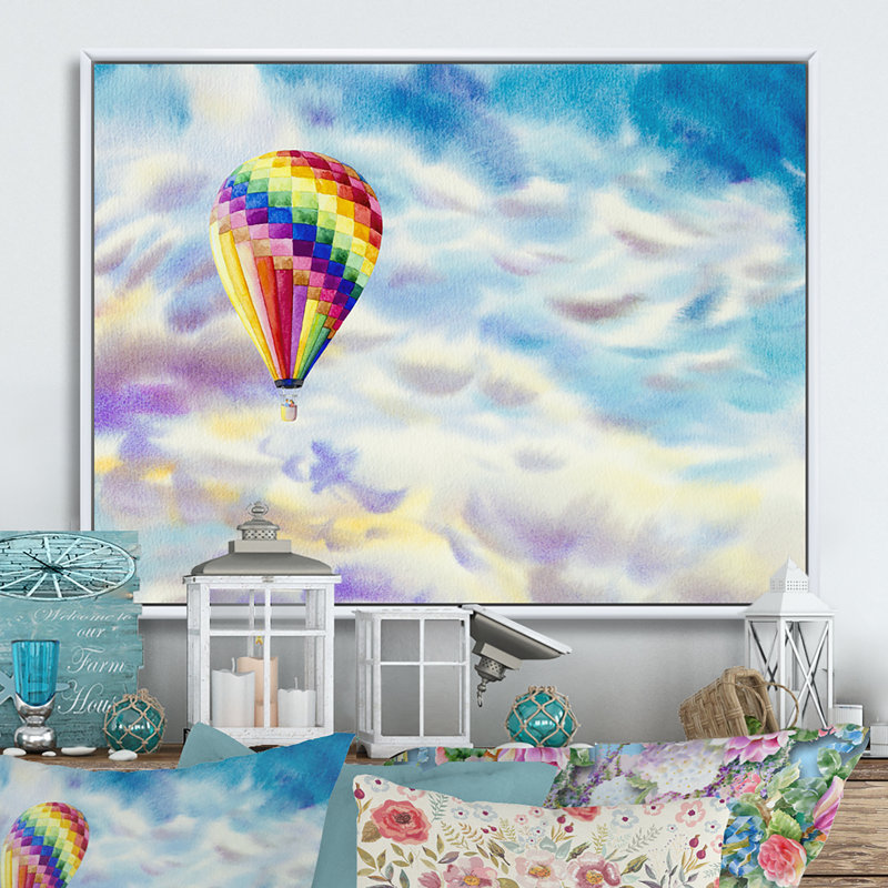 «Colorful Air Ballons Landscape», reproduction sur toile flottante, H 8 po x l 12 po x P 1 po, Cadre flottant blanc