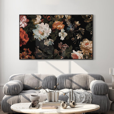 Très grand art mural imprimé sur toile - motif floral rétro classique à motif botanique foncé pour le salon ou la chambre à coucher - «Assemblage requis du cadre (cadre non fini)»