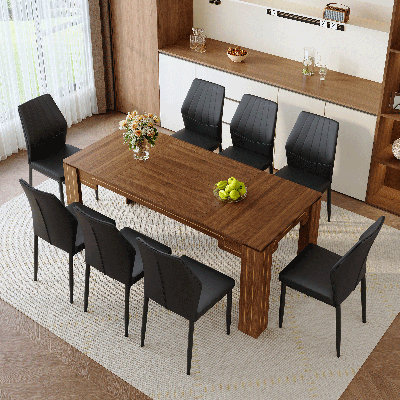 9PCS Table And Chair Set, Wooden Rectangular Dining Table Paired With 8 Ergonomic Backrest Dining Chairs