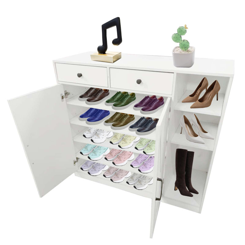 35 inch White Shoe Storage Cabinet with 6 Adjustable Shelves & 2 Drawers Freestanding Entryway Shoe Cabinet