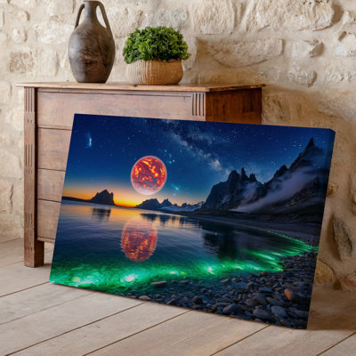 Canvas A Breathtaking Cosmic Landscape At Twilight Featuring A Vibrant Red Wall Art Planet With Fiery Details Suspended In A Starry Canvas Wall Art
