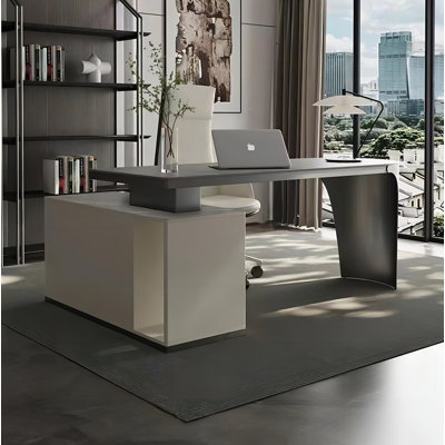 Gray L-shape Sintered Stone Executive Desk with and Cabinet