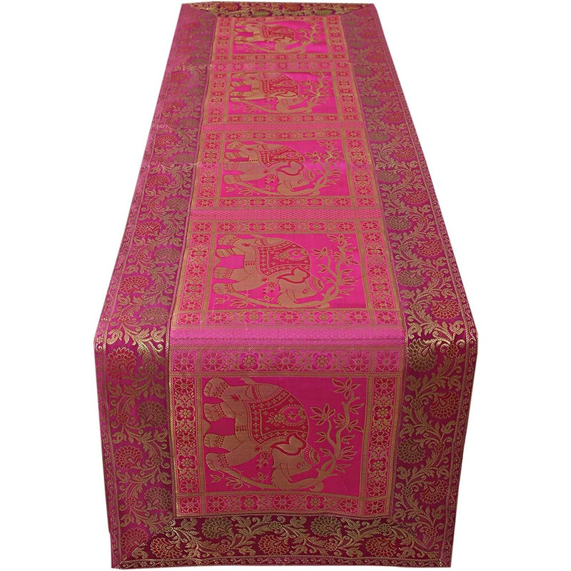Handmade Silk Table Runner – Pink – Embroidered Ethnic Patchwork, Indian Style, Decorative Home Table Decor