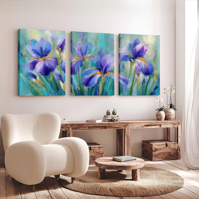 Ensemble de 3 tableaux muraux sur toile à motif floral d'iris violets pour la décoration du salon, H 24 po x l 48 po