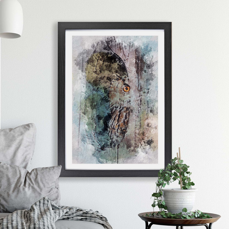 Peeping Great Horned Owl In Abstract - Single Picture Frame Painting, 33cm H x 45cm W x 2cm D, Black