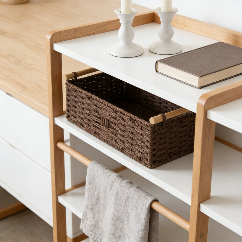 Handwoven Paper Rope Storage Basket With Wooden Handles, Decorative Woven Organizer Bin For Bathroom Countertop, Shelf, Bedroom, And Home Decor