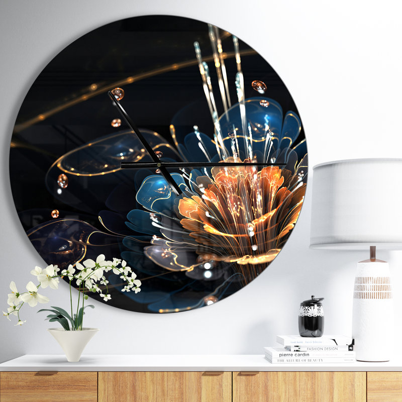 Horloge murale orange avec fleurs oranges et gouttes d'eau, Moyen
