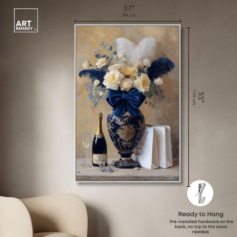 "Blue Floral Feathers", impression sur toile par Art Remedy, H 54 po x l 36 po, Cadre blanc