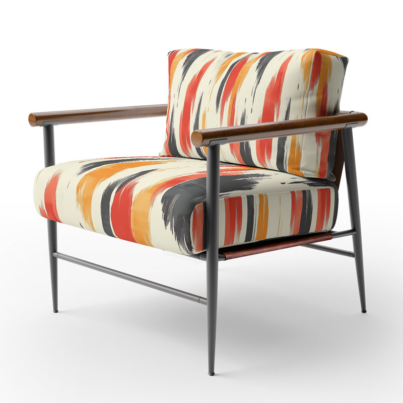 Chaise rembourrée moderne avec accoudoirs Ikat, Bras ronds bruns