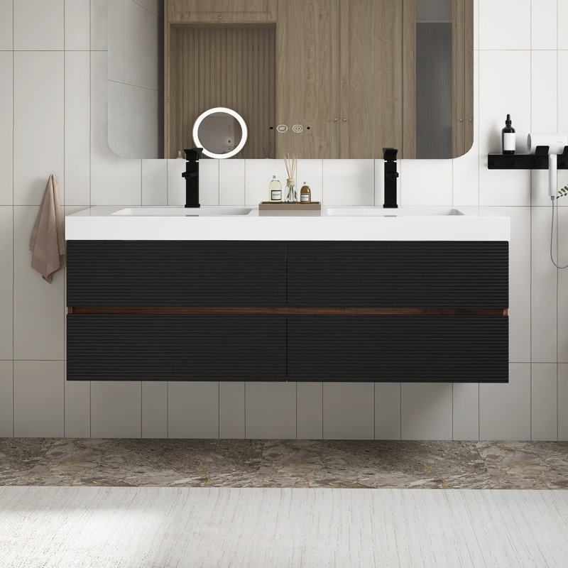 Meuble-lavabo moderne en noyer de 60 po avec lavabo monobloc blanc brillant et tiroirs noirs, meuble-lavabo mural flottant