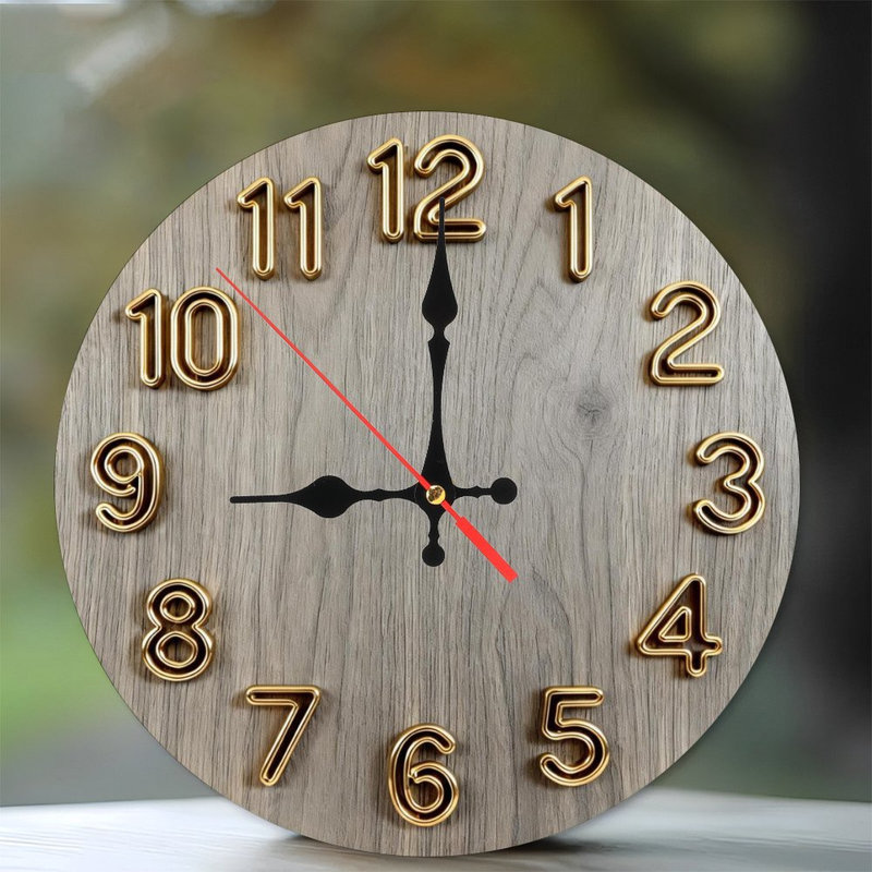 Horloge murale ronde en bois 10 po, mouvement à quartz silencieux, imprimé UV, à piles, Chêne gris