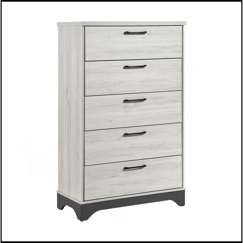 Commode de chambre contemporaine à 2 tiroirs en chêne blanc et gris à 5 tiroirs avec 1 tiroir