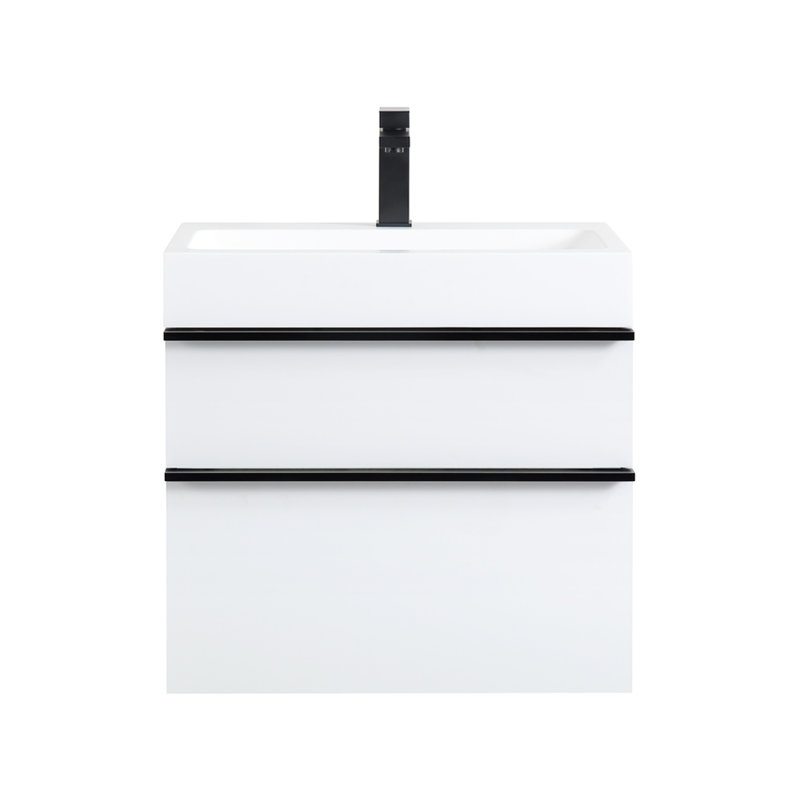 Meuble-lavabo mural blanc de 24 po pour salle de bain, lavabo en acrylique, glissières de tiroir à fermeture en douceur, poignées en bois véritable deux couleurs, installation de salle de bain à finition mate, glissières silencieuses, personnalisable
