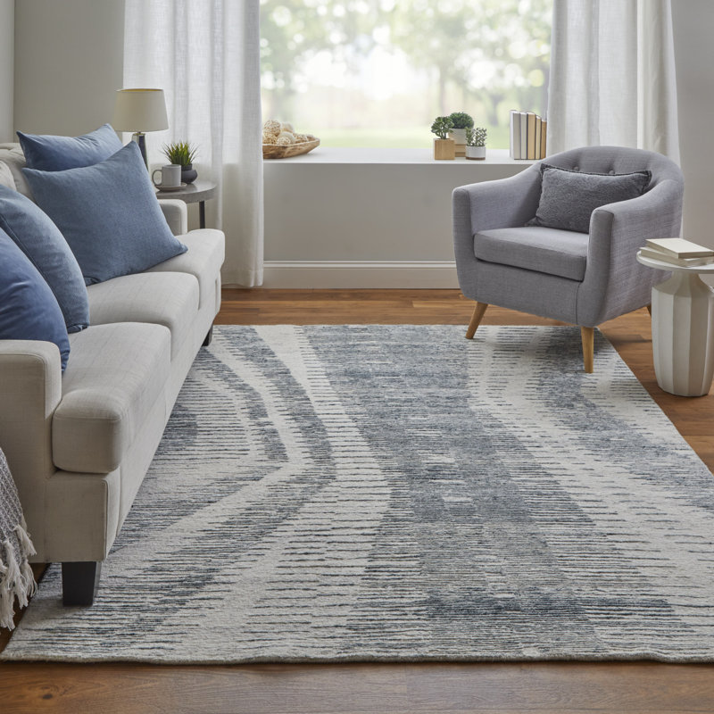 Brighton Hand Knotted Abstract Area Rug in Light Blue/Ivory, Rectangle 9'6" x 13'6"