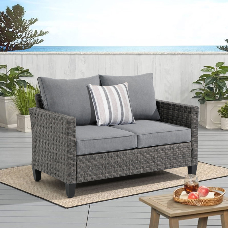Wicker Outdoor Loveseat with Cushions, Gray Frame/Gray Cushion