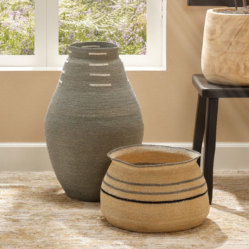 Handwoven Tall Seagrass Decorative Basket with White Accents