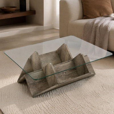 Table basse en verre trempé et panneau de fibres à densité moyenne avec grain de bois sculpté et couteau