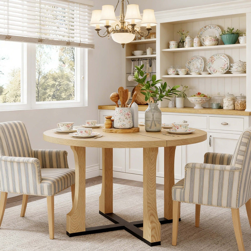 48" Round Dining Table, Natural Ash Solid Wood & MDF With Black Cross Base, Extendable Design For Small Kitchen & Dining Room