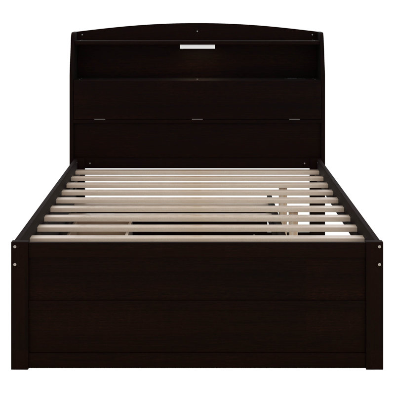 Lit plateforme double en bois avec lit gigogne et tête de lit à DEL, lit en bois avec tiroirs, prises USB, Espresso