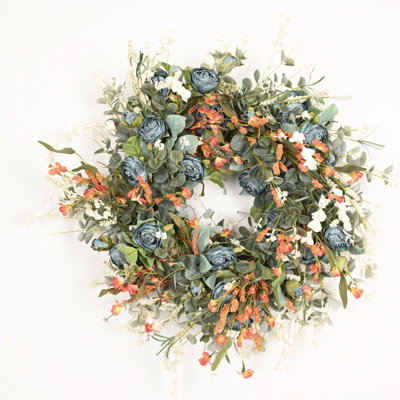 26" Large Artificial Farmhouse Spring Summer Greenery Eucalyptus Berry Wildflower Rose Floral Wreath for Front Door Wedding Party Decor