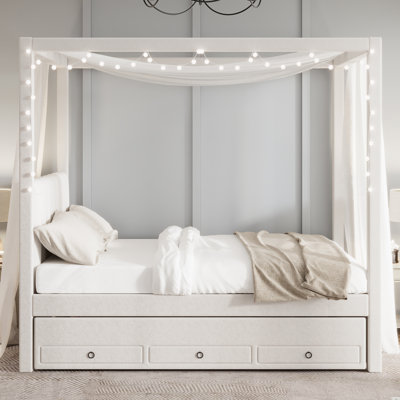 Lit plateforme double à baldaquin avec lit gigogne et trois tiroirs de rangement, beige