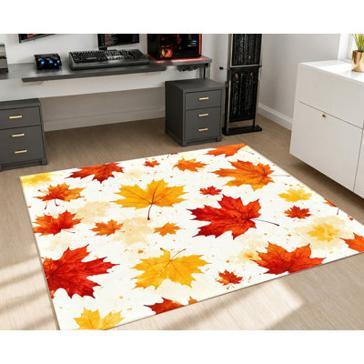 Tapis d'intérieur à motif de feuilles d'érable d'automne, couleurs automnales éclatantes, motif artistique éclaboussé, surface en velours, antidérapant, facile d'entretien, idéal pour le salon, la chambre, la salle à manger, le couloir ou un appartement.