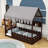 Wooden Floor Bed with Chimney Design, Enchanting Tent, Shelves and Lights-793288608-793288669
