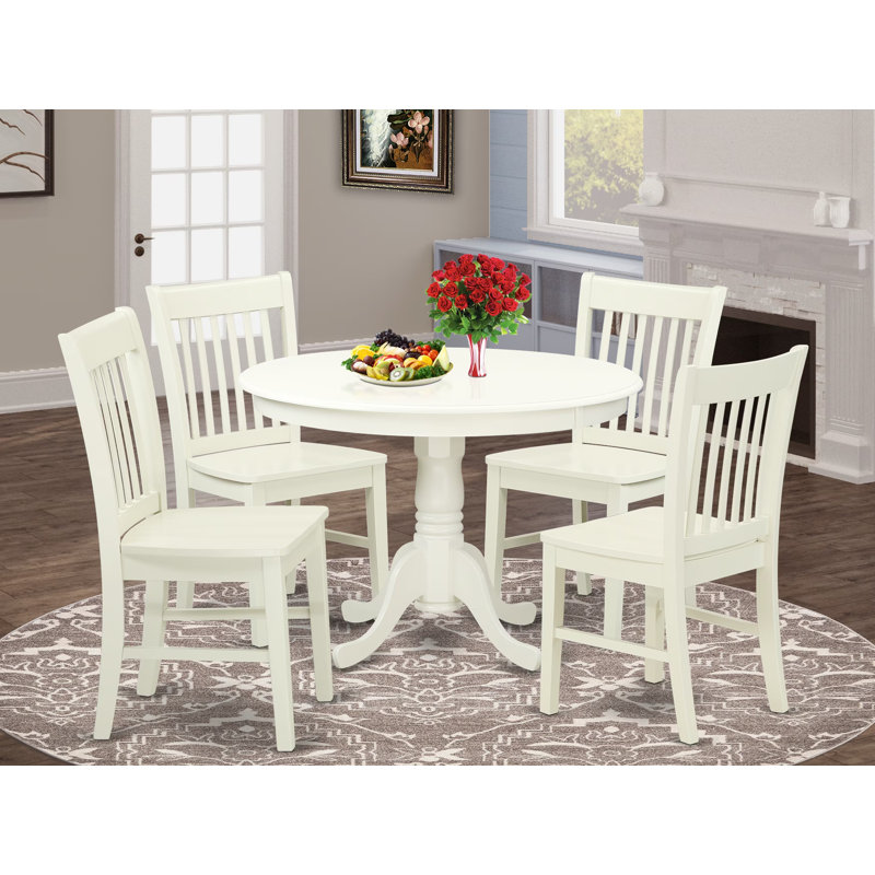 Ensemble de table de salle à manger 5 pièces pour 4 personnes comprenant une table de cuisine ronde avec piédestal et 4 chaises de coin-repas, lin blanc