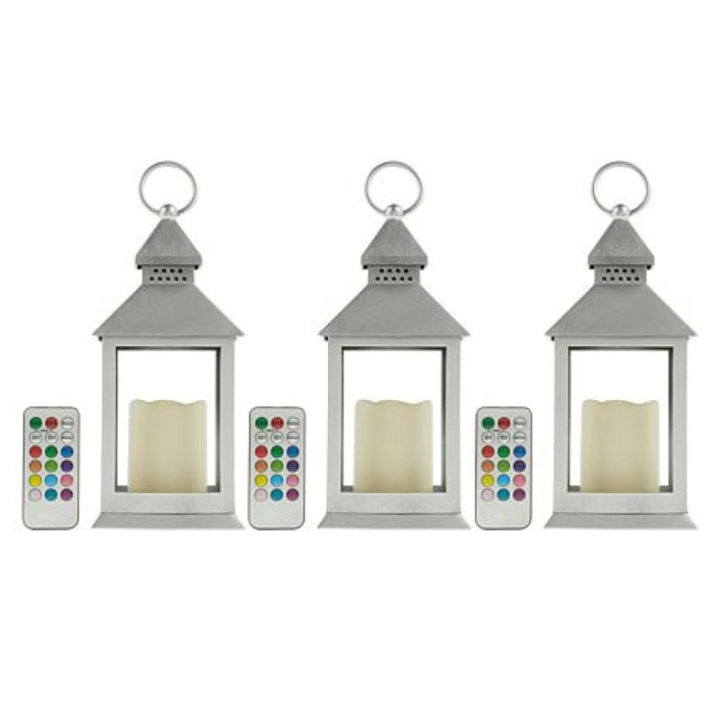 Tabletop Lantern Set with Candle and remote Included, Silver