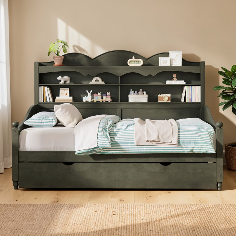 Twin Size Wood Daybed With Built-In Shelving Headboard & Under-Bed Storage Drawers, Antique Gray