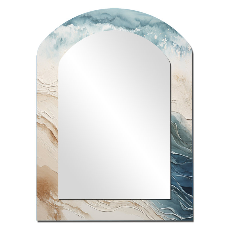 Modern Blue And Beige Sand Aerial View V - Beach Sand Asymmetrical Large Mirror, Grey Arch Decorative Wall Mirror, Printed Metal Art