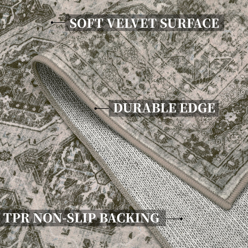 Ultra-Thin Vintage Area Rug - Irregular Medallion, Non-Slip, Floral Design - Low Pile Carpet for Living Room, Bedroom, Dining Room, Farmhouse Decor