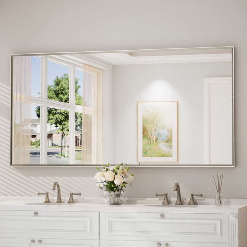 Miroir de salle de bain avec cadre en aluminium et verre trempé, Rectangulaire, 72 po x 36 po, Nickel brossé
