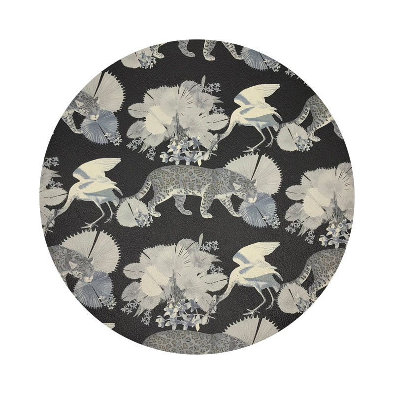 Leopard Walk Powder Vegan Leather Round Coasters, Black