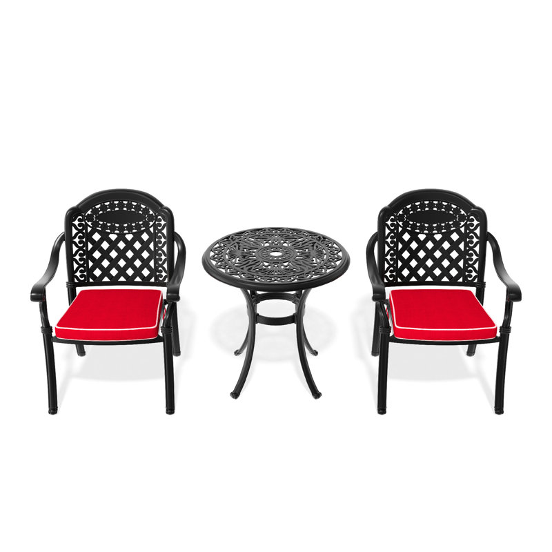 Patio en fonte d'aluminium 3, noir, coussins de couleur aléatoire pour le soulagement extérieur, chaises empilables, table ronde avec mobilier de parasol 3, relax,