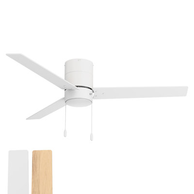 Heritage 52in 3-Blade Pull Chain Flush Mount Fan 2700K-3000K-4000K-5000K-6000K CCT Selectable LED Light Kit with White Hardware with Reversible Blades in Natural Wood or White