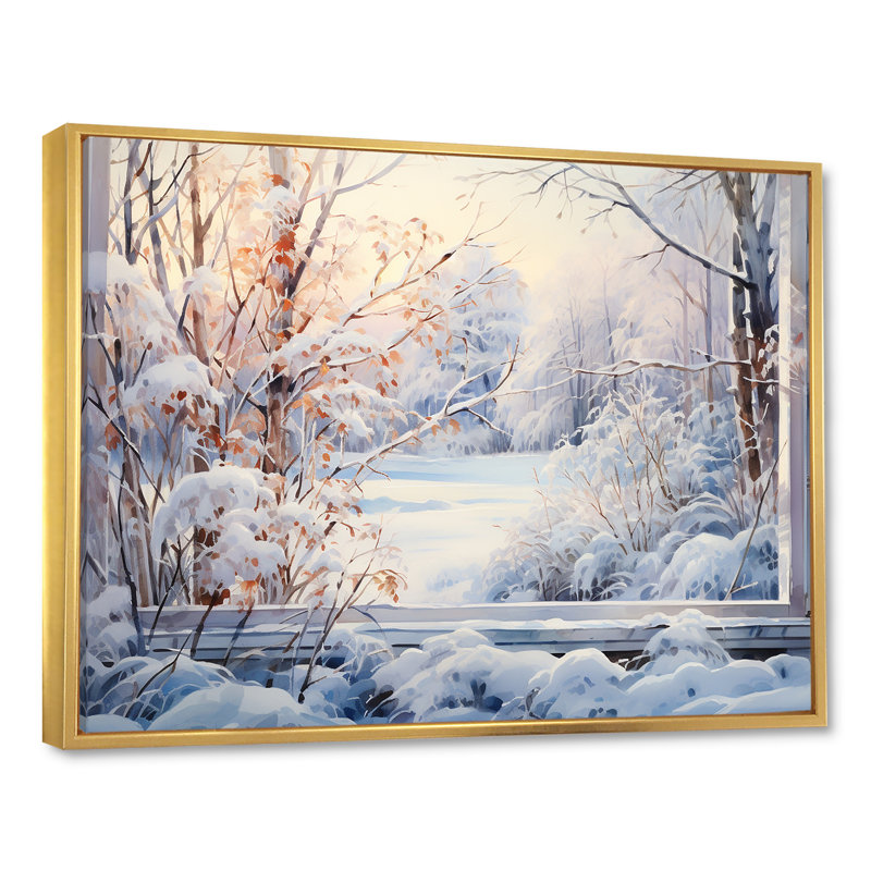 «Winter River Window View III - Winter Landscape», art sur toile, Cadre flottant doré, H 34 po x l 44 po x P 1,5 po