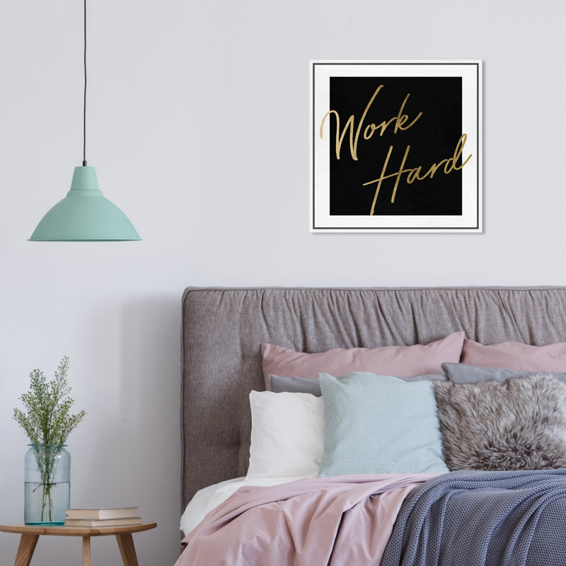 " Work Hard Gold " Textual Art Print, 16'' H x 16'' W, White Framed Canvas